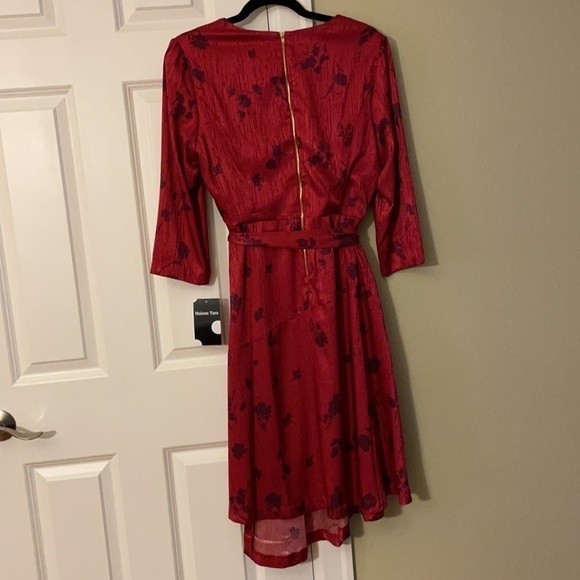 MAISON TARA Asymmetrical Midi Dress Sz 10 Floral 3/4 Sleeve Faux Wrap Dress Red - Picture 7 of 17